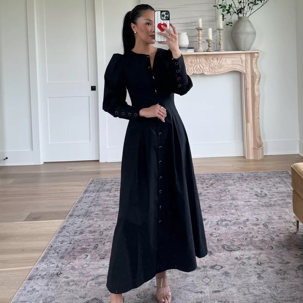 Reformation Black Long Sleeve Button-Front Maxi Dress